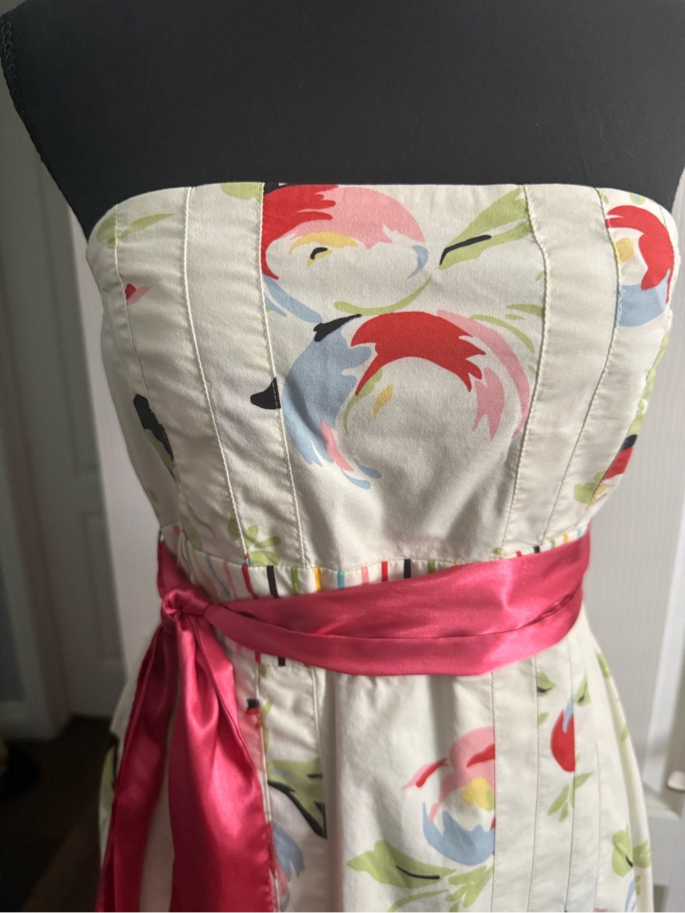 Anthropologie Cream Floral Strapless Dress with Pink Sash-Maeve Size 4
